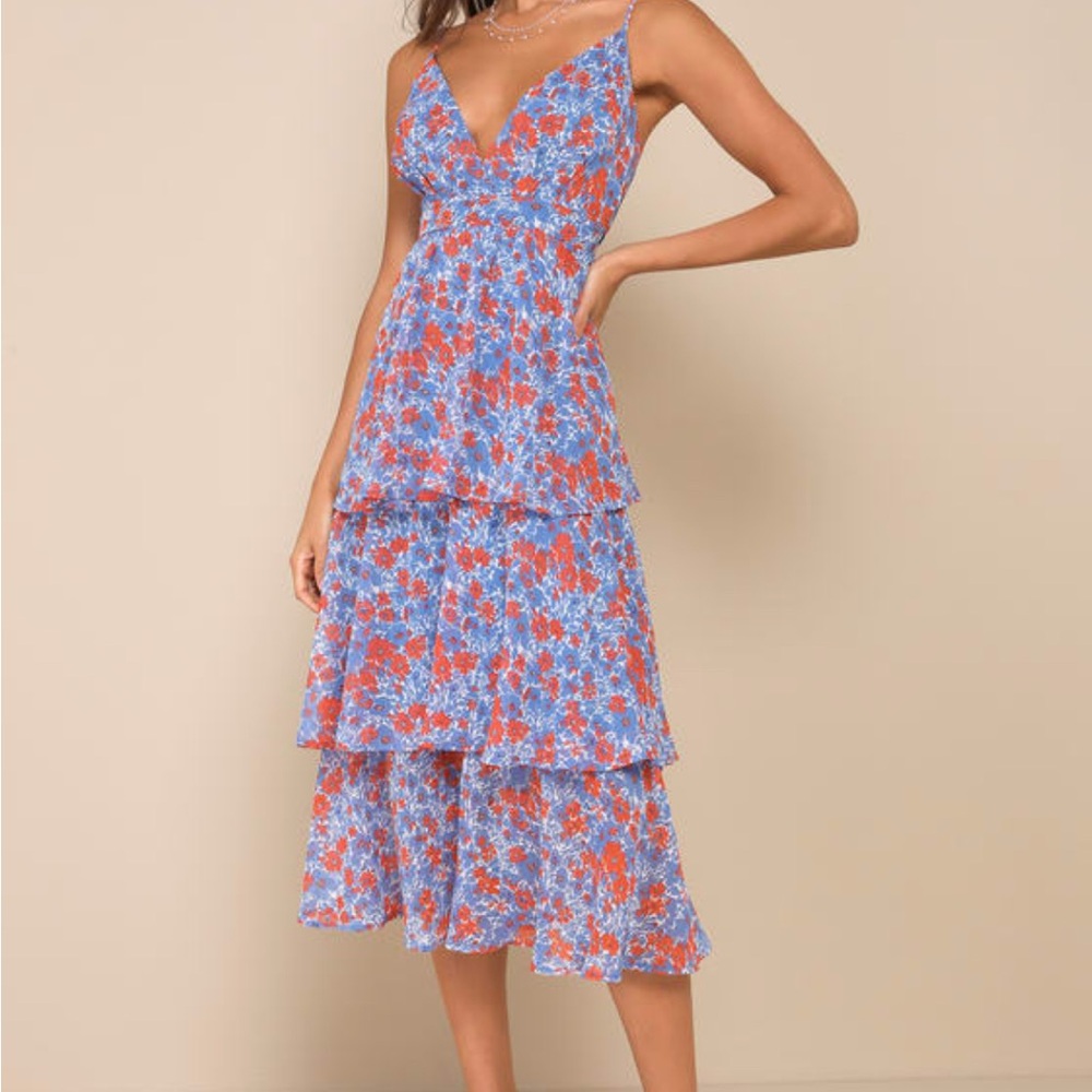 Lulu's Blue & Coral Floral Tiered Midi Dress